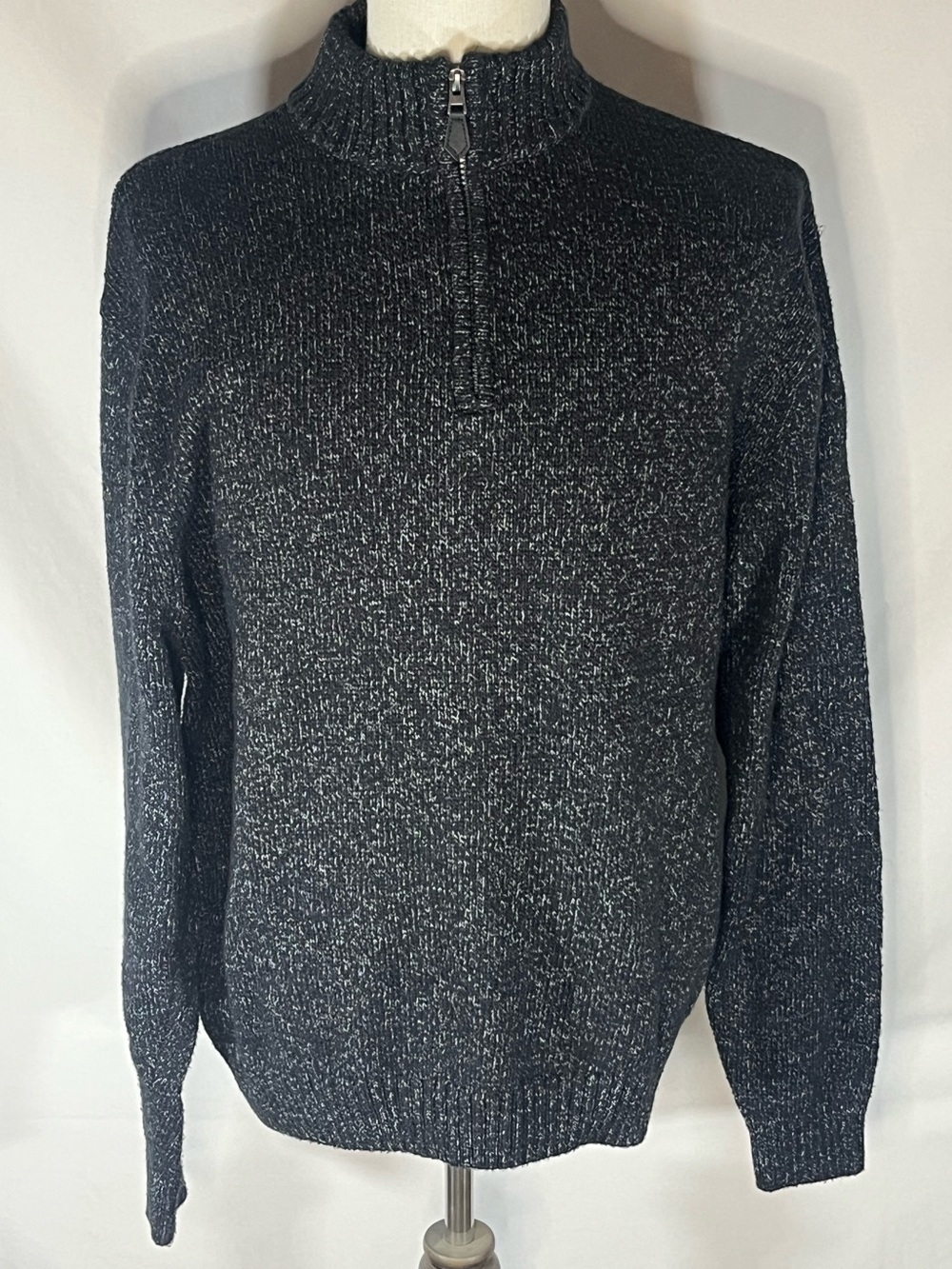 Chaps Quarter Zip Sweater  Black White Marled Knit Mock Neck Men’s Pullover XL